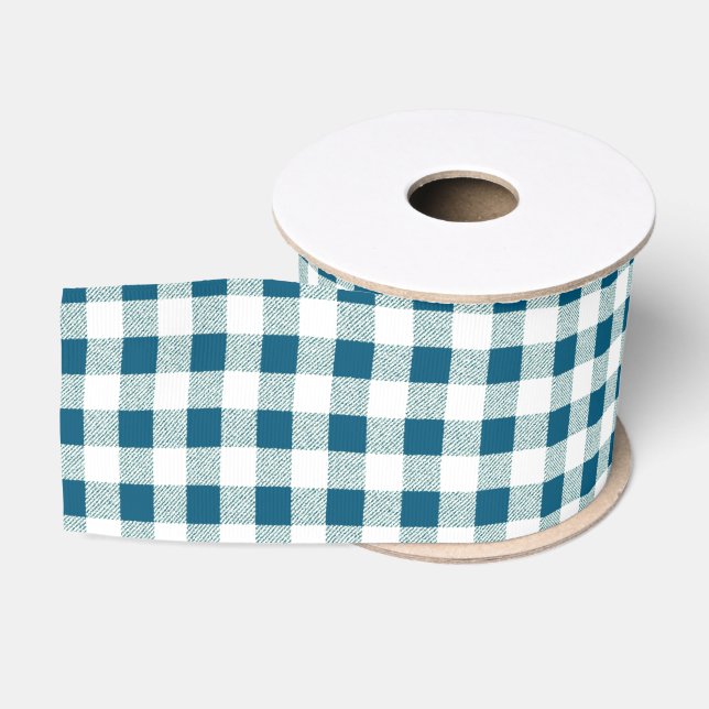 Blueish Green Gingham Check Pattern Grosgrain Ribbon (Spool)