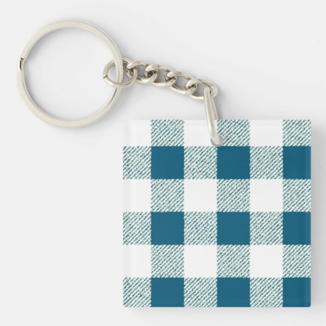 Blueish Green Gingham Check Pattern Key Ring (Front)