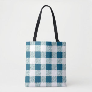 blueish green gingham check pattern tote bag