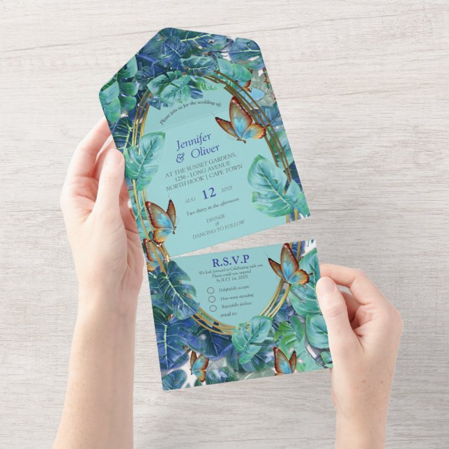 Blueish Turquoise Monstera Leaves & Butterflies All In One Invitation (Tearaway)