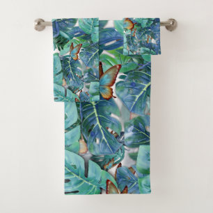 Blueish Turquoise Monstera Leaves & Butterflies Bath Towel Set