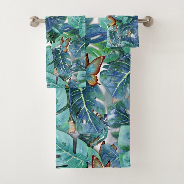 Blueish Turquoise Monstera Leaves & Butterflies Bath Towel Set (Insitu)