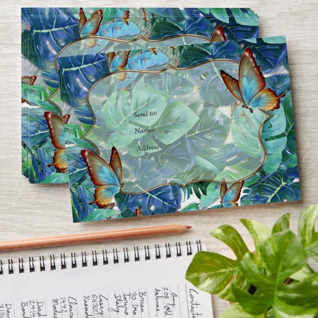 Blueish Turquoise Monstera Leaves & Butterflies Envelope (Stacked)