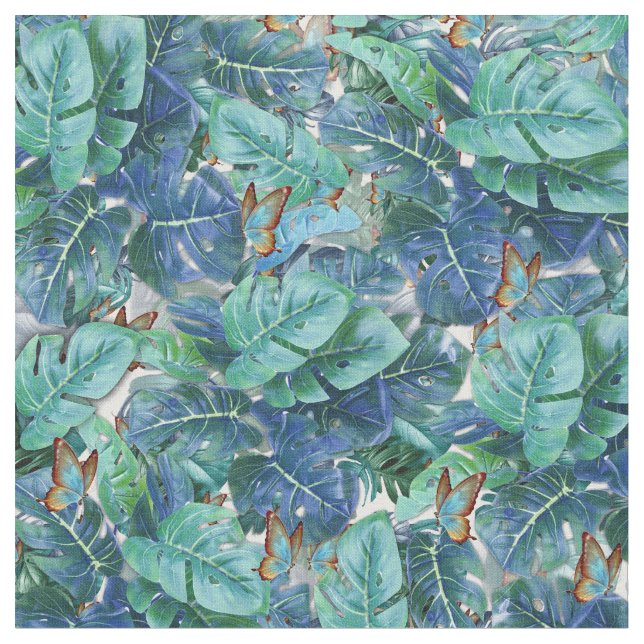 Blueish Turquoise Monstera Leaves & Butterflies Fabric (Close Up)