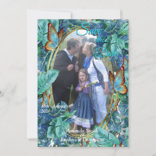 Blueish Turquoise Monstera Leaves & Butterflies Invitation