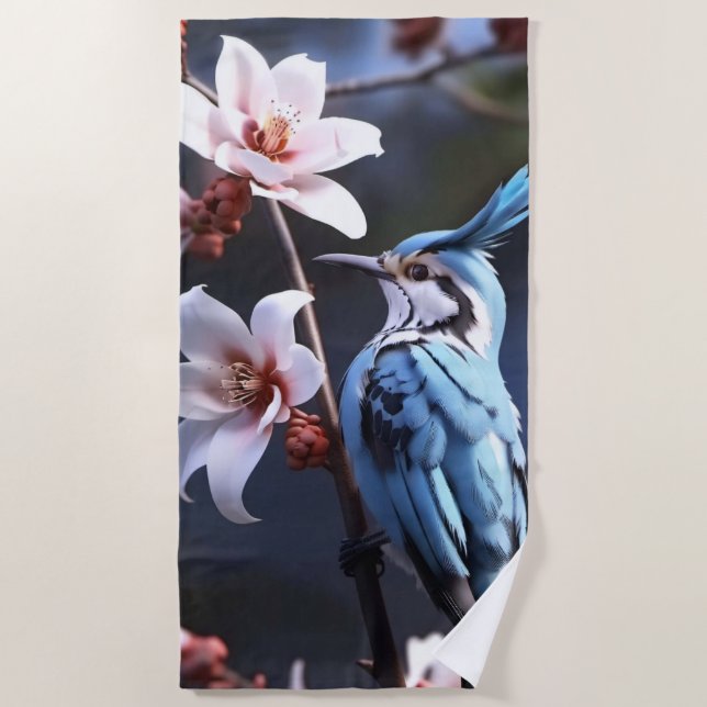 Bluejay and Flowers Beach Towel (Front)