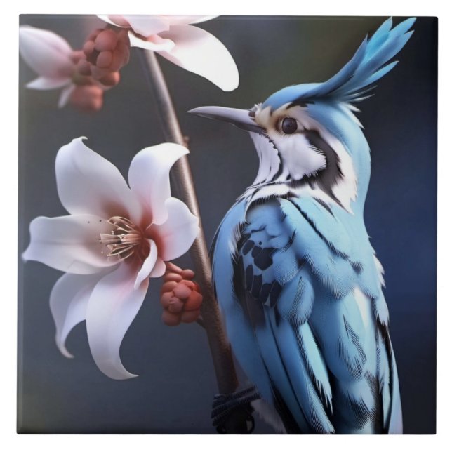 Bluejay and Flowers Ceramic Tile (Front)