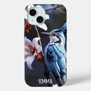 Bluejay and Flowers Custom Name iPhone 15 Case