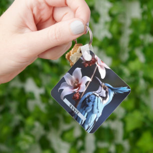 Bluejay and Flowers Custom Name Key Ring