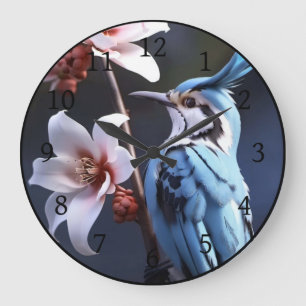 Bluejay and Flowers Large Clock