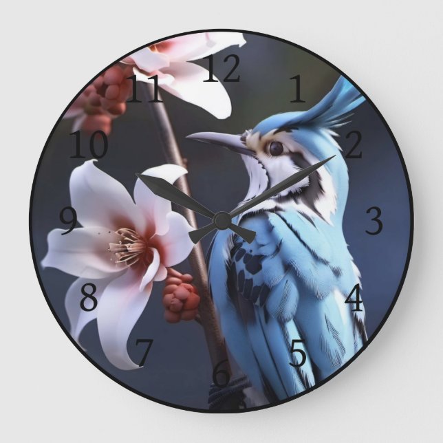 Bluejay and Flowers Large Clock (Front)