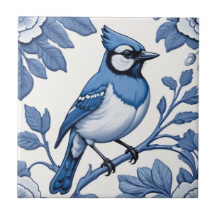BlueJay Bird Delft Blue & White Asian Floral Jay Ceramic Tile