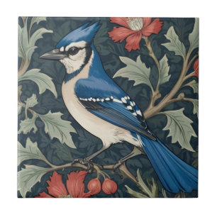 Bluejay Bird William Morris style Left Blue Jay Ceramic Tile