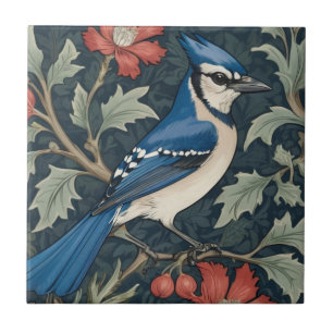 Bluejay Bird William Morris style Right Blue Jay Ceramic Tile