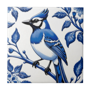 BlueJay Delft Blue and White Asian Leafy Jay Bird Ceramic Tile