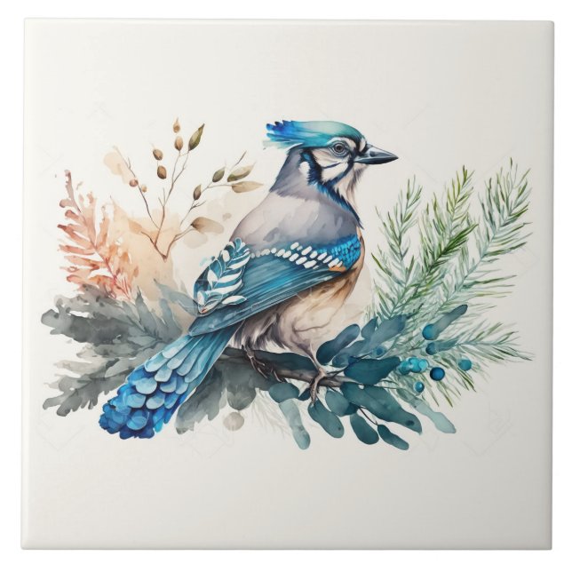 Bluejay On A Branch Watercolor Ceramic Tile (Front)