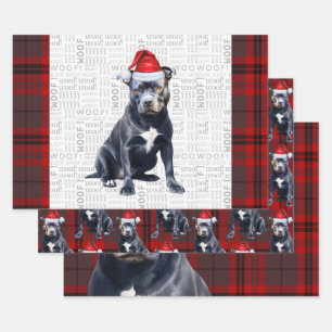 Bluenose Pitbull Christmas Dog Red Grey Plaid Wrapping Paper Sheet