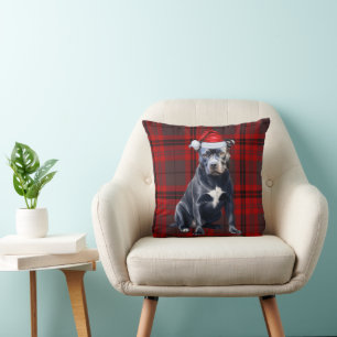 Bluenose Pitbull Dog Red Plaid Christmas Holiday Cushion