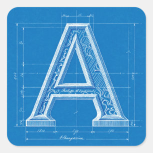 Blueprint Monogram Letter A Square Sticker