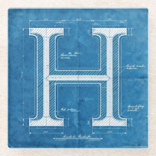 Blueprint Monogram Letter H Glass Coaster