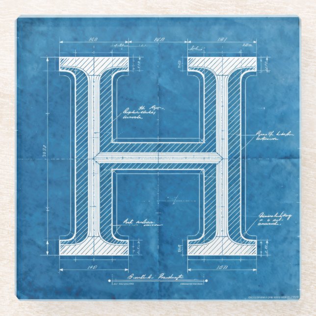 Blueprint Monogram Letter H Glass Coaster (Front)