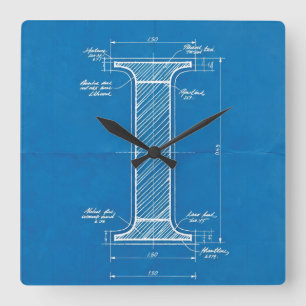 Blueprint Monogram Letter I Square Wall Clock