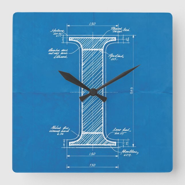 Blueprint Monogram Letter I Square Wall Clock (Front)