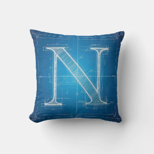 Blueprint Monogram Letter N Cushion