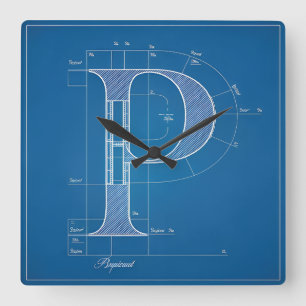 Blueprint Monogram Letter P Square Wall Clock