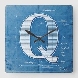 Blueprint Monogram Letter Q Square Wall Clock