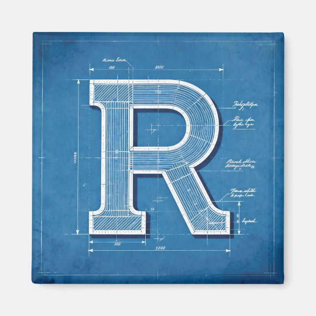 Blueprint Monogram Letter R Magnet (Front)