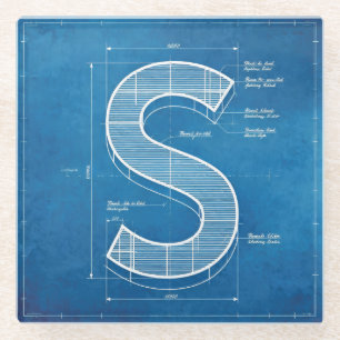 Blueprint Monogram Letter S Glass Coaster