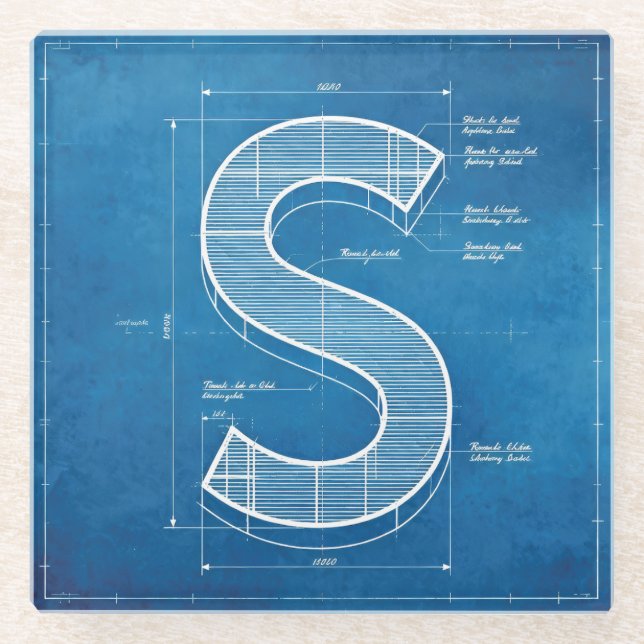 Blueprint Monogram Letter S Glass Coaster (Front)