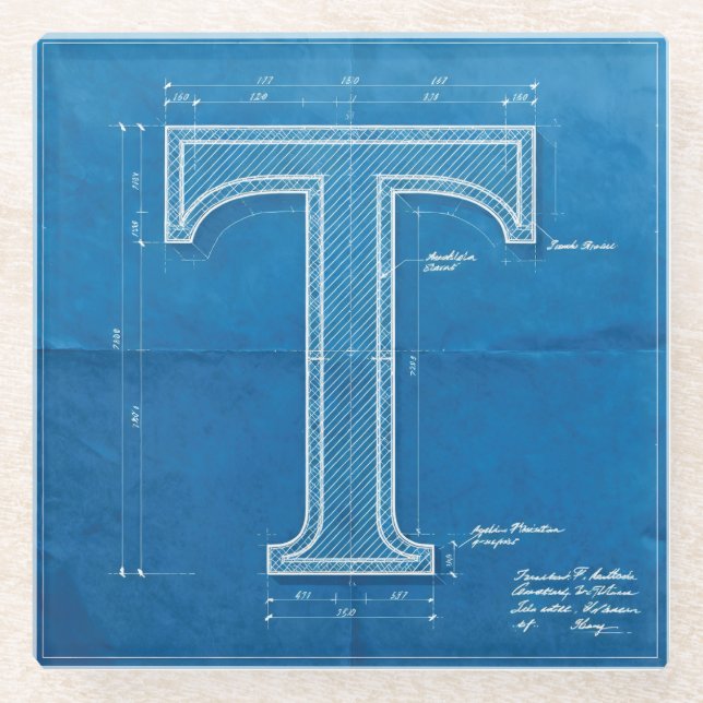 Blueprint Monogram Letter T Glass Coaster (Front)
