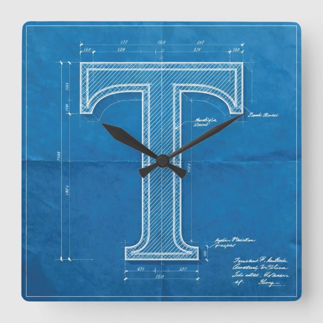 Blueprint Monogram Letter T Square Wall Clock (Front)
