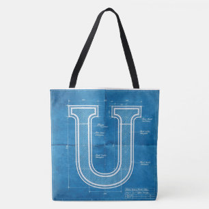 Blueprint Monogram Letter U Tote Bag