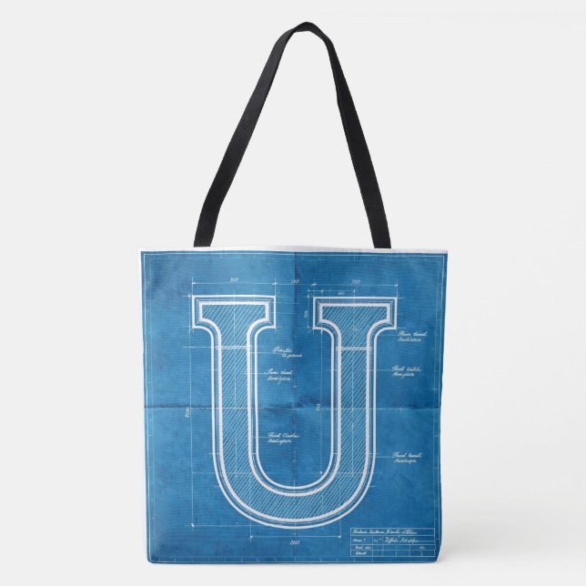 Blueprint Monogram Letter U Tote Bag (Front)