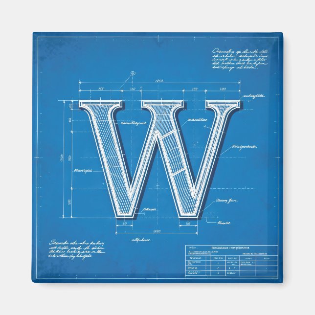 Blueprint Monogram Letter W Magnet (Front)
