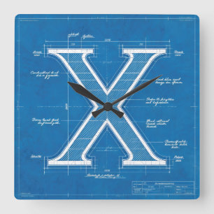 Blueprint Monogram Letter X Square Wall Clock