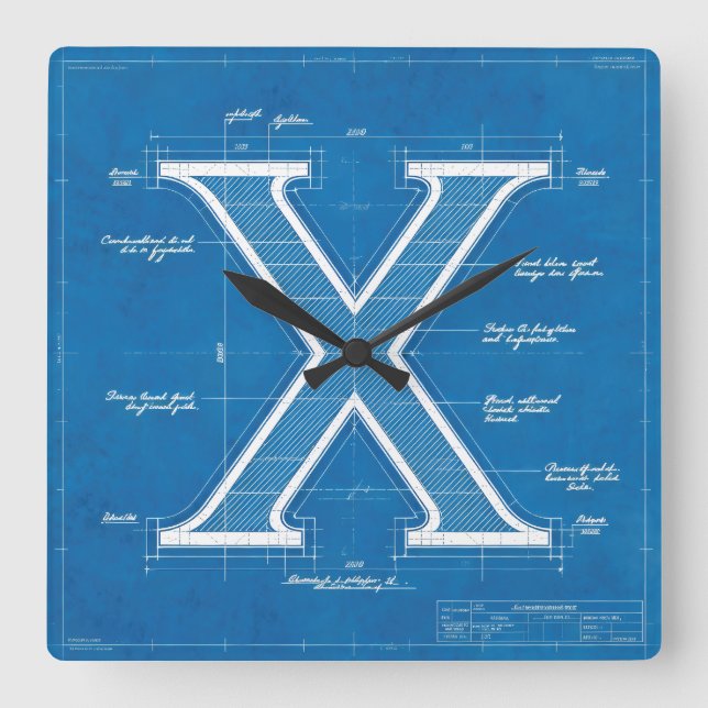 Blueprint Monogram Letter X Square Wall Clock (Front)
