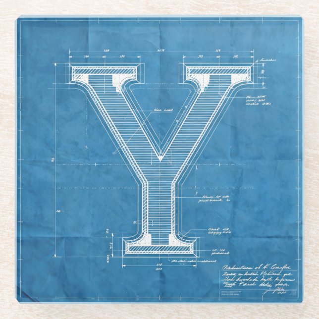 Blueprint Monogram Letter Y Glass Coaster (Front)