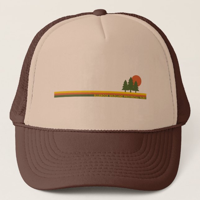 Bluerock Wildland Provincial Park Pine Trees Sun Trucker Hat (Front)