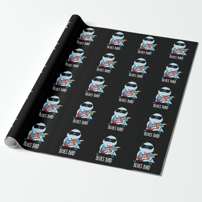 Blues Bird Funny Bluebird Pun Dark BG Wrapping Paper (Unrolled)