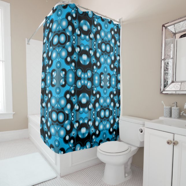 Blues Concentric Circle Orbital Abstract Art  Shower Curtain (In Situ)