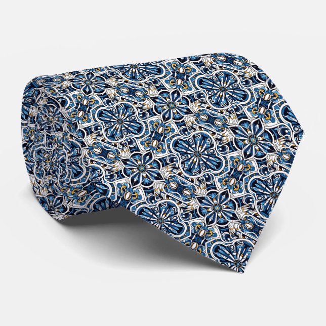Blues, Gold & White Art Deco Pattern   Tie (Rolled)