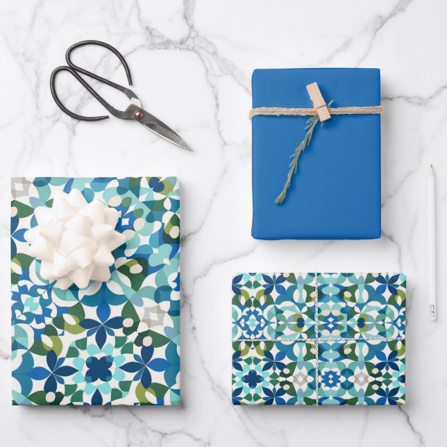 Blues, Greens & White Moroccan Pattern Wrapping Paper Sheet (Front)