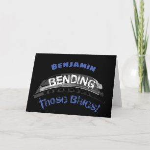 Blues harmonica player bending humour musician card