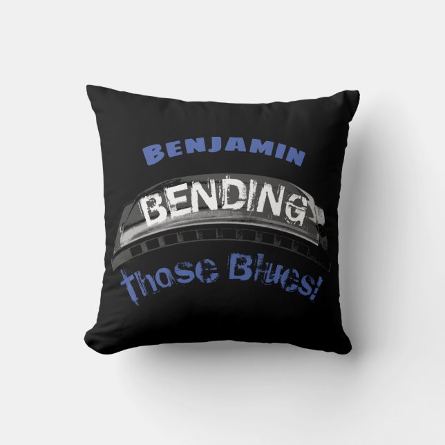 Blues harmonica player bending humour musician cushion (Front)