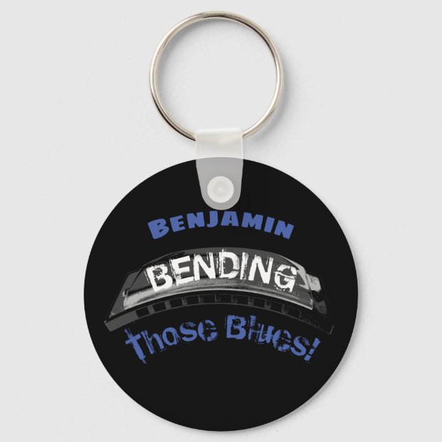 Blues harmonica player bending humour musician key ring (Front)