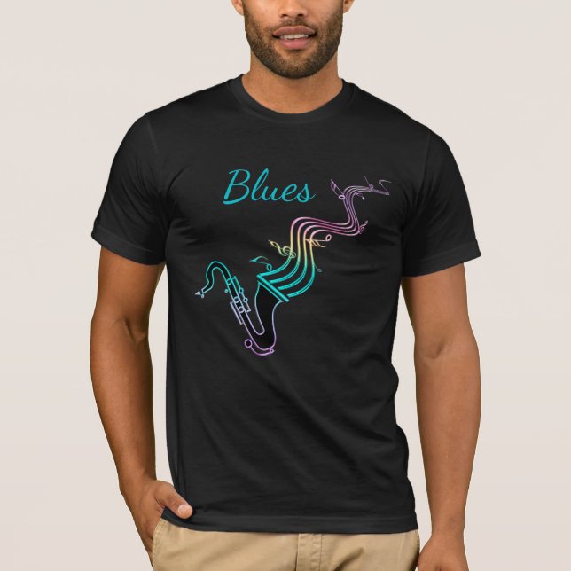 Blues Music Saxophone and Musical Notes T-Shirt (Front)